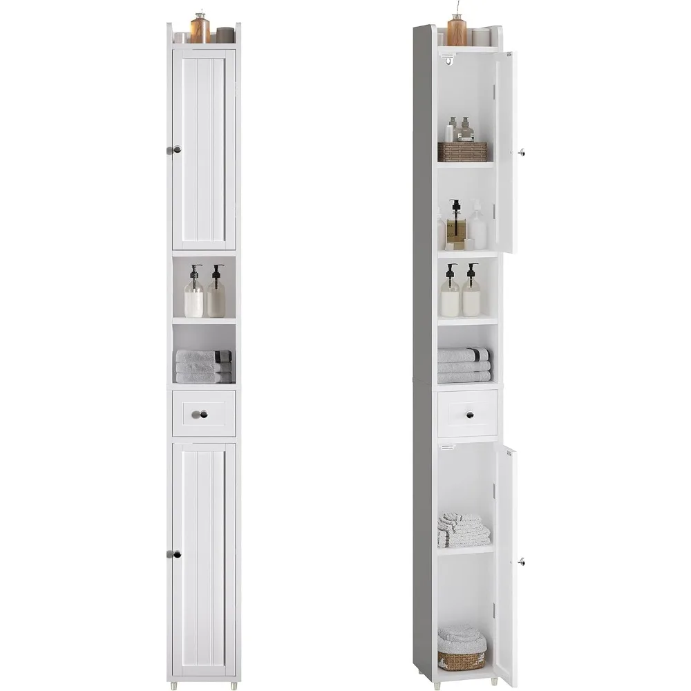 

Узкий шкаф для хранения в ванной комнате с регулируемыми полками, высокий шкаф для хранения с 2 дверцами и 1 ящиком, отдельно стоящий