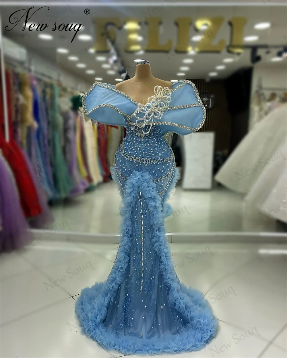 Modern Blue Evening Dresses Beading Crystals Formal Prom Dress 2024 Dubai Off Shoulder Engagement Dress Cocktail Party Gowns