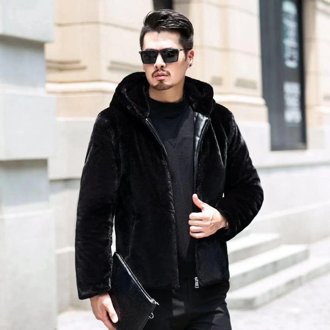 Herren-Winter-Kunstpelzmantel, schwarze Kapuze, Kunstpelzjacke, übergroße, warme, flauschige Windjacke, Jungen-Reißverschluss-Obermantel, Herren-Oberbekleidung