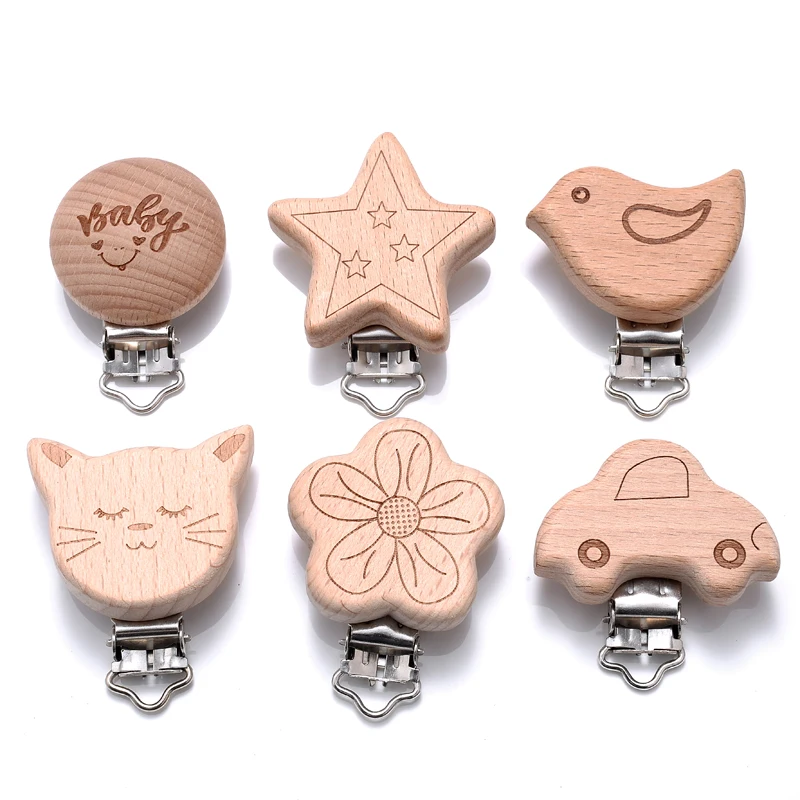 5Pcs/Lot Baby Pacifier Clip Holder Soother Pacifier Flower Animal Shape Infant Dummy Clips for Baby Wooden Feeding Accessories