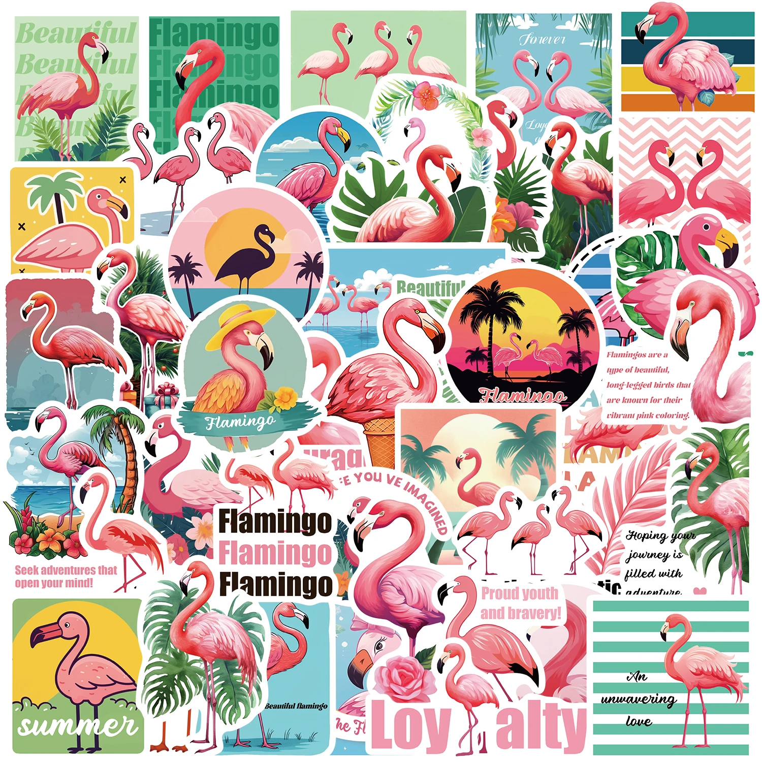 Flamingos adesivos, 50pcs, bonito, sonho, animal, desenhos animados, brinquedos para crianças, presente, diy, laptop, bicicleta, papelaria, garrafa