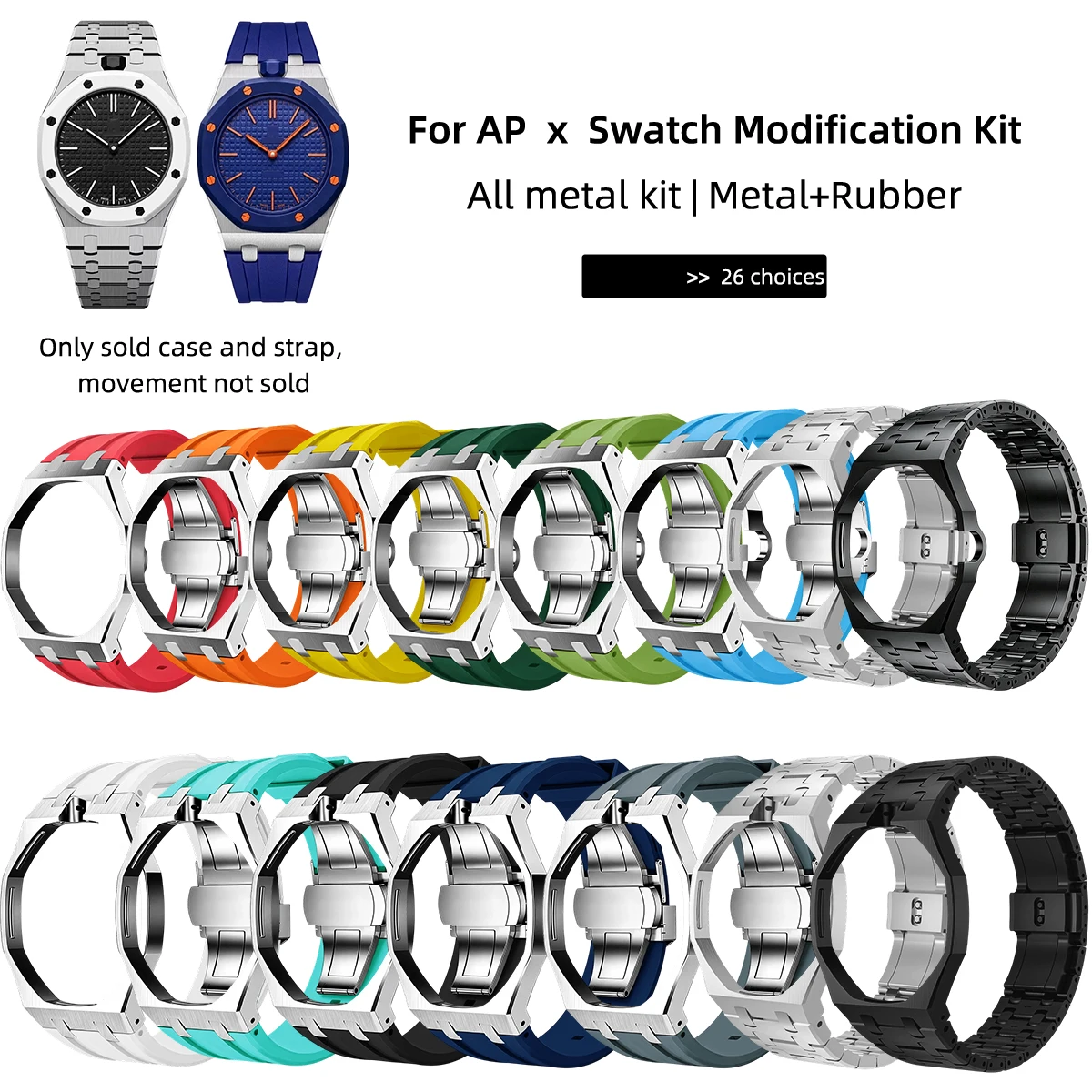 Stainless Steel Silicone Watch Band For Swatch x AP Royal POP Integrated Strap Case Set Changer to wristwatch Modification Kit
