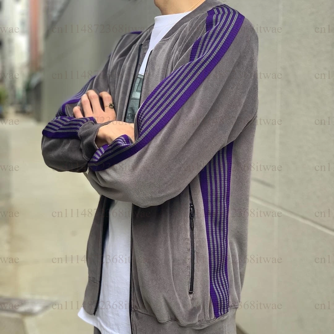 Unisex Velour Sports Track Jacket Butterfly Embroidery Decor Vintage Webbing Striped Stand‑Collar Zip‑Up Campus Outer Coat
