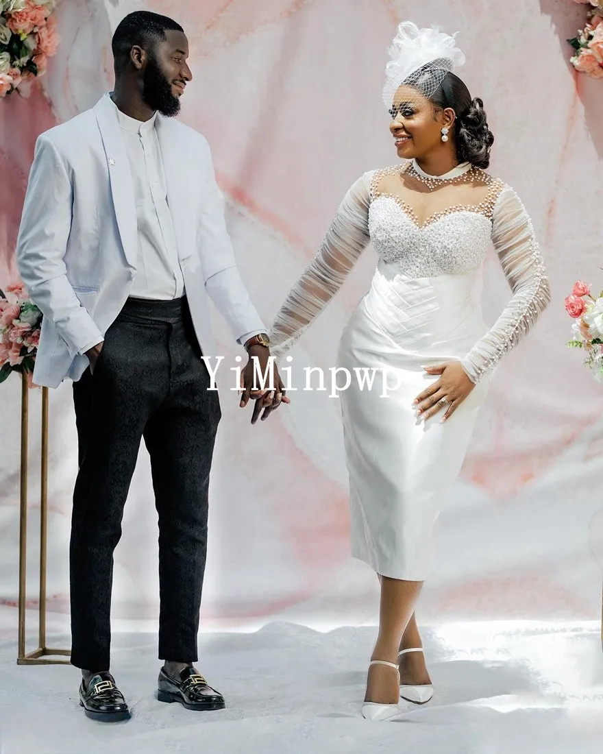 Robes de mariée civiles arabes pour mariée col haut manches longues longueur de thé perles plis afrique robe de mariée traditionnelle personnalisée
