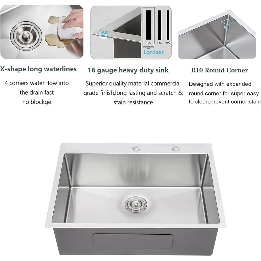 33 بوصة وعاء واحد حوض المطبخ قطرة في التثبيت مع تصميم أعلى جبل للمطابخ الحديثة 16 مقياس الفولاذ المقاوم للصدأ Constr #5