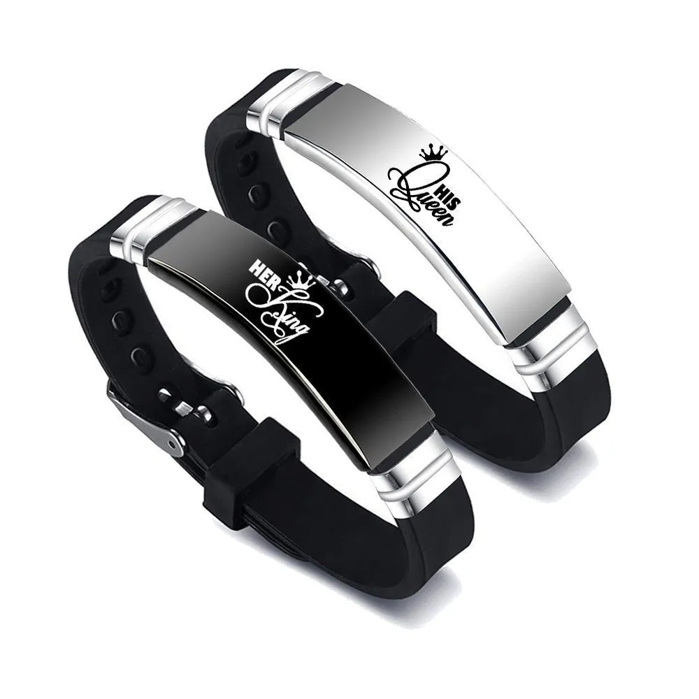 2Pcs/Set His Queen Her King Couple Bracelet Stainless Steel Adjustable Silicone Strap Bangle Valentine\'s Day Custom Jewelry Gift