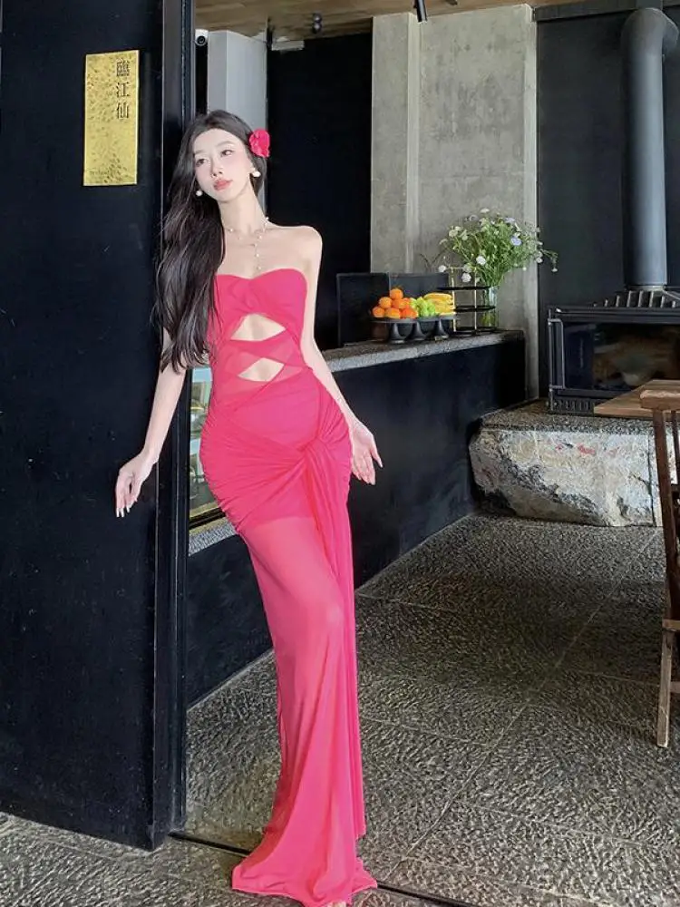 

Women Rose Red Sexy High Waist Hollow Out Backless Evening Dress New Summer Sleeveless Slim Bandage Pleated Strapless Long Dress
