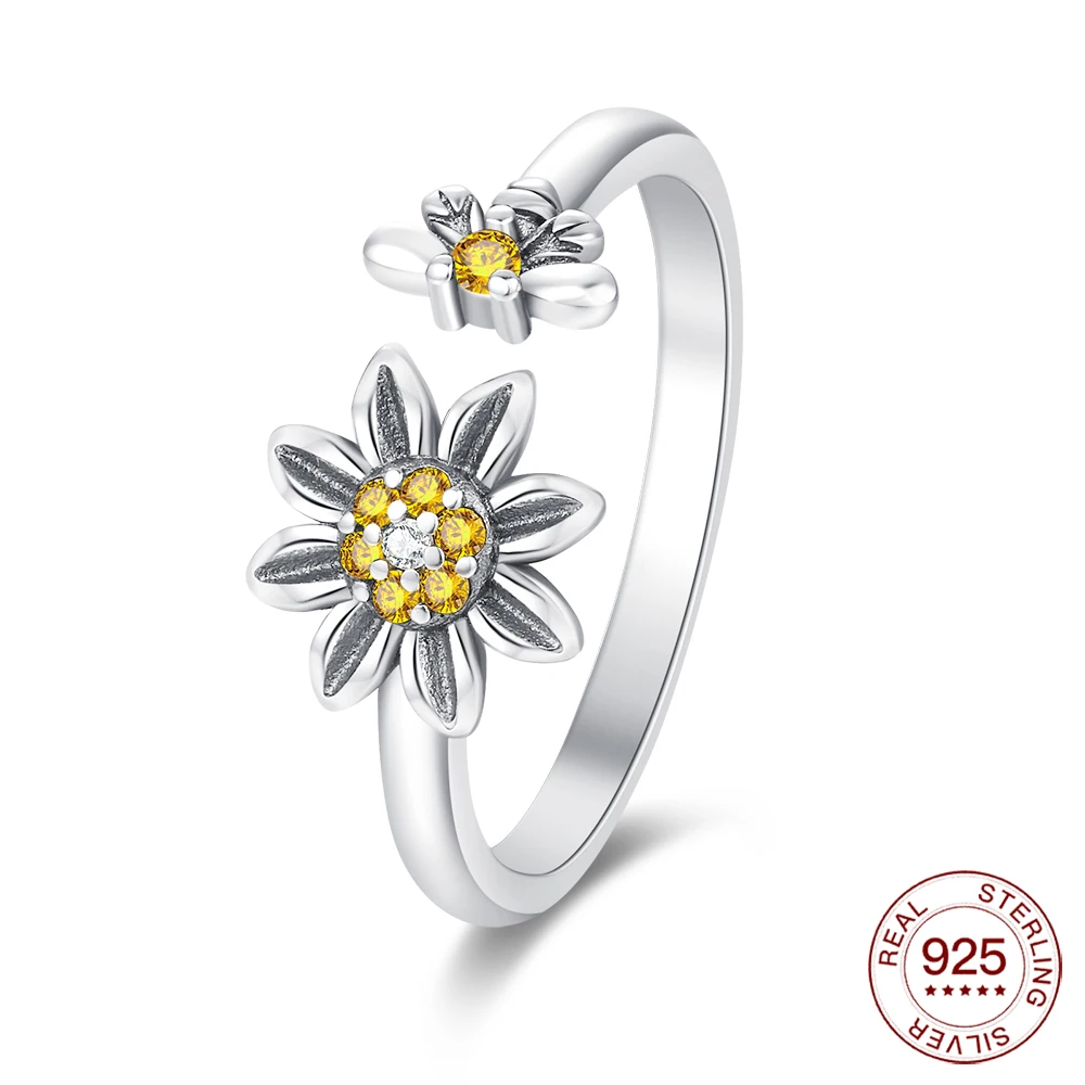 925 Sterling Silver Sunflower Bee Open Ring Minimalist Hypoallergenic Jewelry Graduation Daily Commute Wear Gift For Women