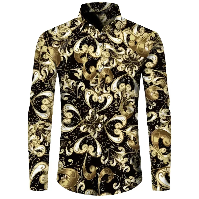 2024 Luxury Golden Flower Chain 3D Print Men Long Sleeve Shirt Casual Mens Designer Clothing Streetwear Lapel Button Shirts