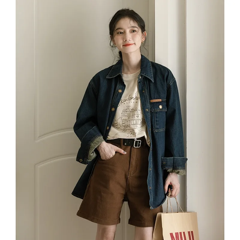 

Vintage Deep Blue Women Denim Jacket 2023 Spring Autumn New Turn Down Collar Denim Casual Versatile Loose Outerwear