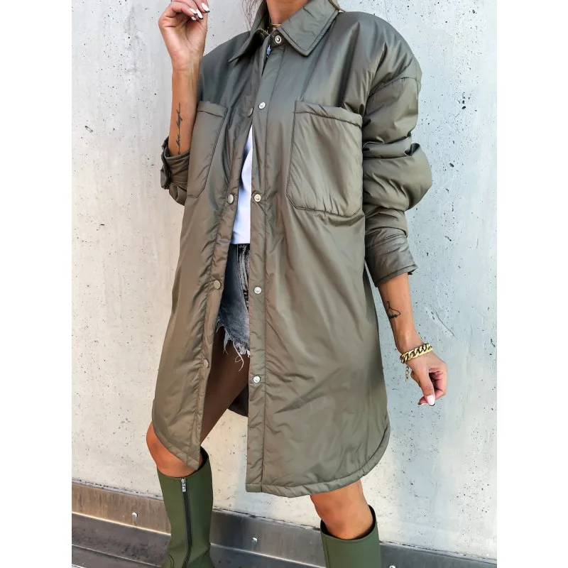 Autumn Winter New Women\'s Clothing Solid Color Mid-Length Single-Breasted Cotton Coat Jacket