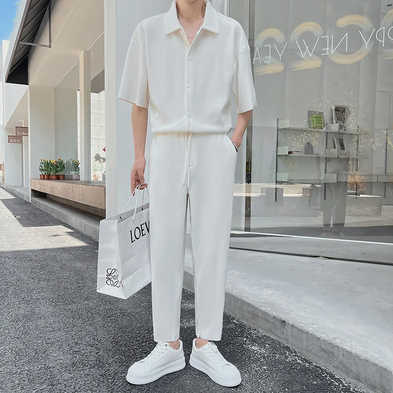 Pleated Sets Men Slim Fit Fashion Short sleeved Shirt/Pants Two Piece Men Korean Casual Set Mens Solid Color Dress Sets M-3XL