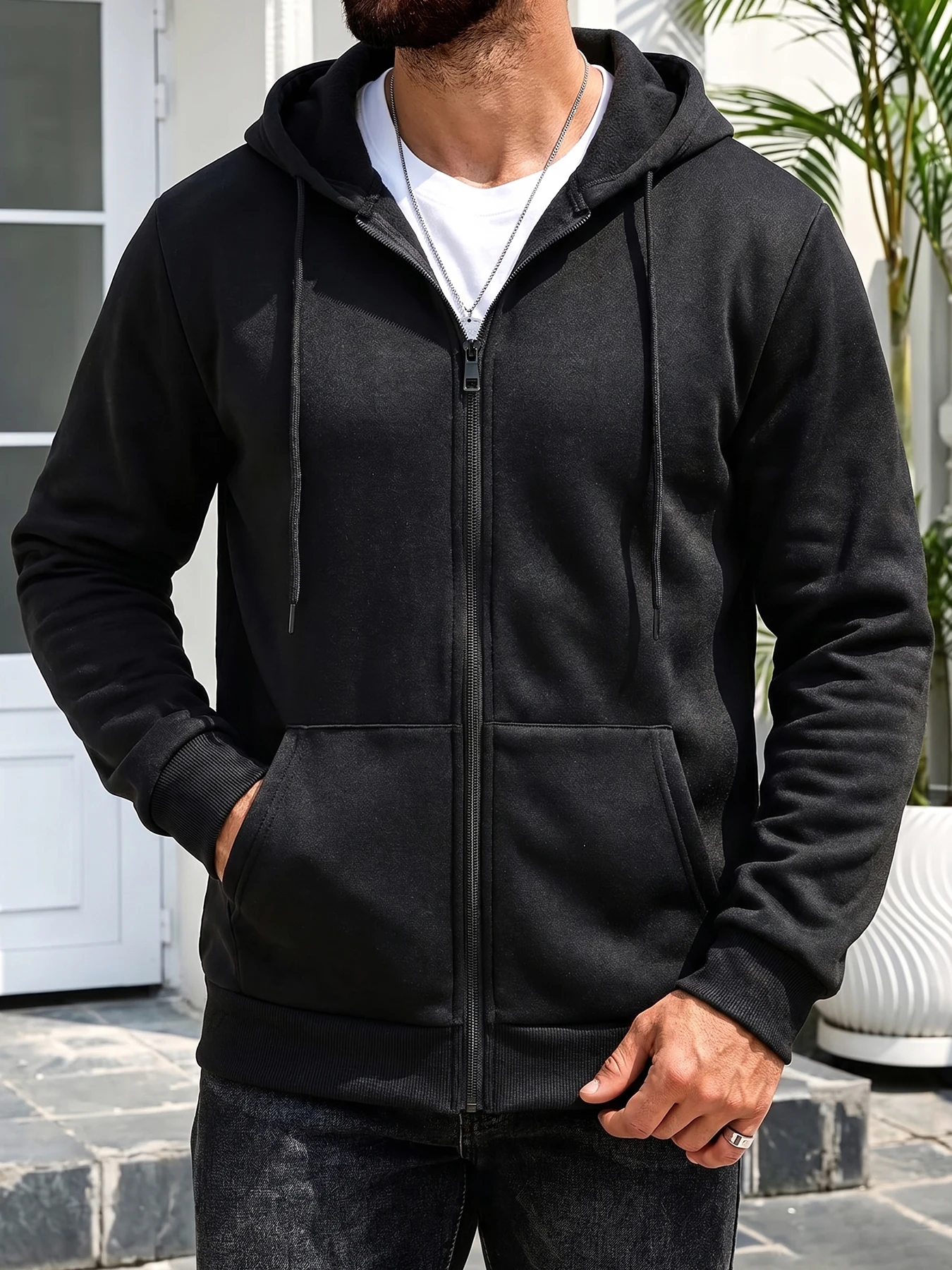Men's Basic Hooded Jacket Full Zip Solid Color Casual Coat Classic Fleece Warm Outwear With Side Pockets Daily Wear