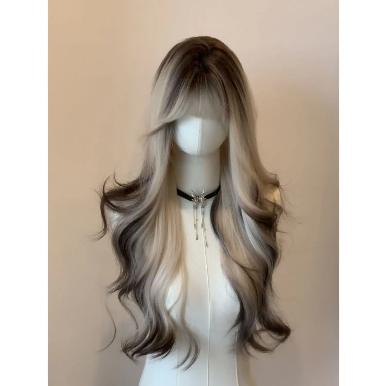 ‌ Siamese kat Ombre haarextensies - lang krullend geweven Paris Balayage, volledige pruik met pony ‌ Kleurverloop geverfd haarstukje