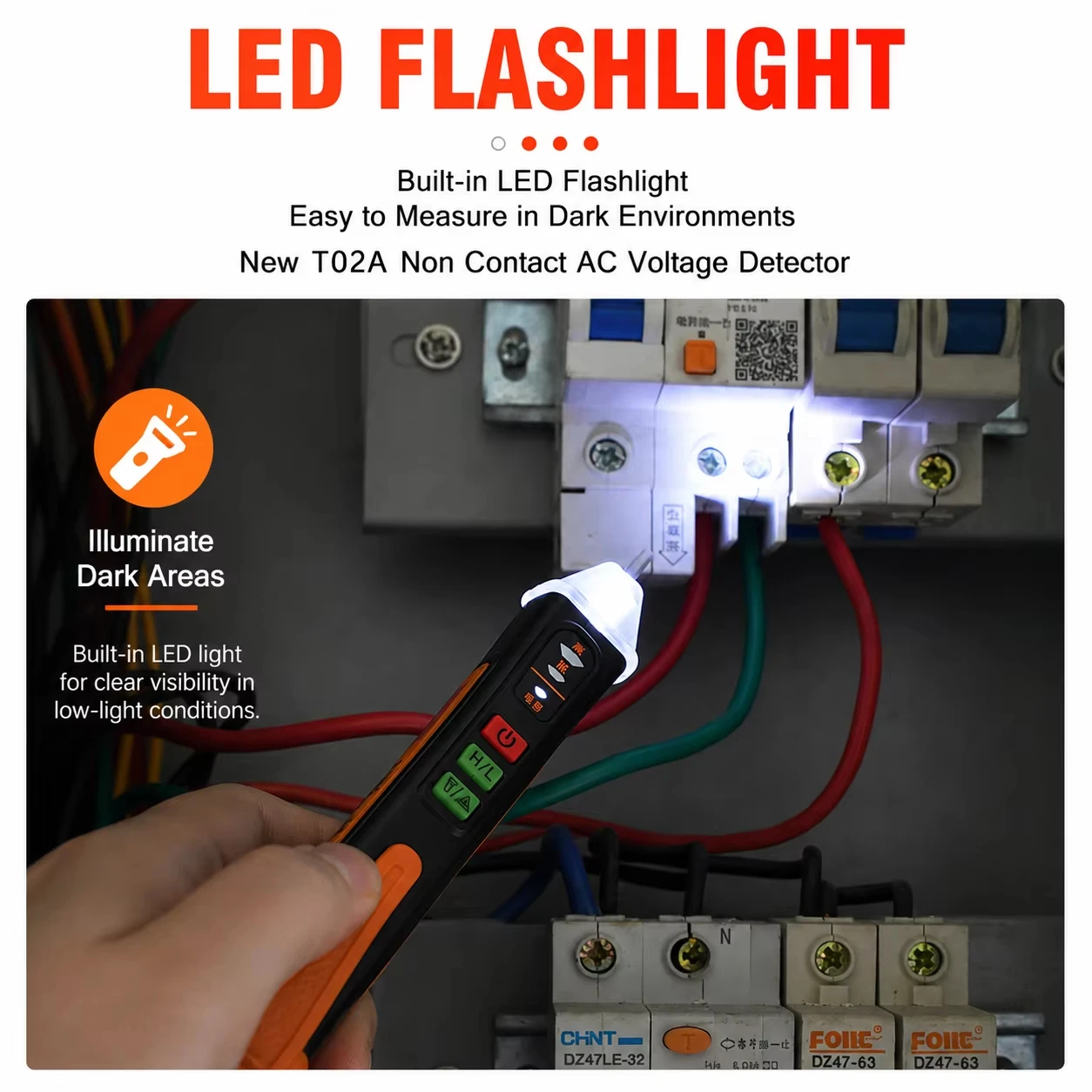 HoldPeak Non-Contact Voltage Tester Pen High/Low Sensitivity Laser Flashlight Audible/Visual Alarm 12-1000V CAT III 1000V CE