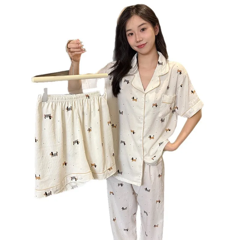 Women Cloud Cotton Pajama Set Short Sleeve Shorts Homewear 3 Piece Sleepwear