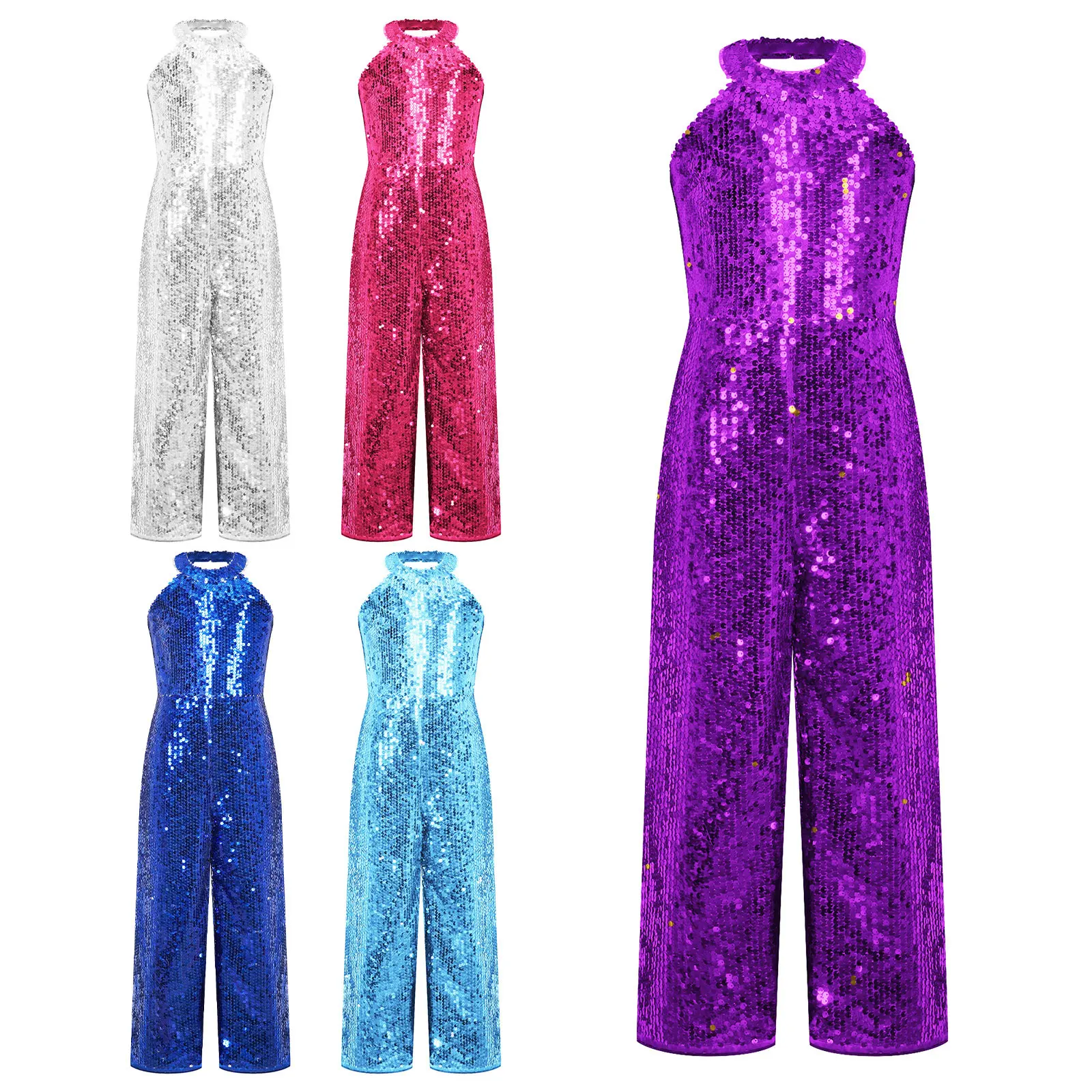 Kids Girls Sequins Dance Jumpsuit Pageant Romper Full Body Bodysuit Halter Neck Sleeveless Wide Leg Pants for Stage Performance