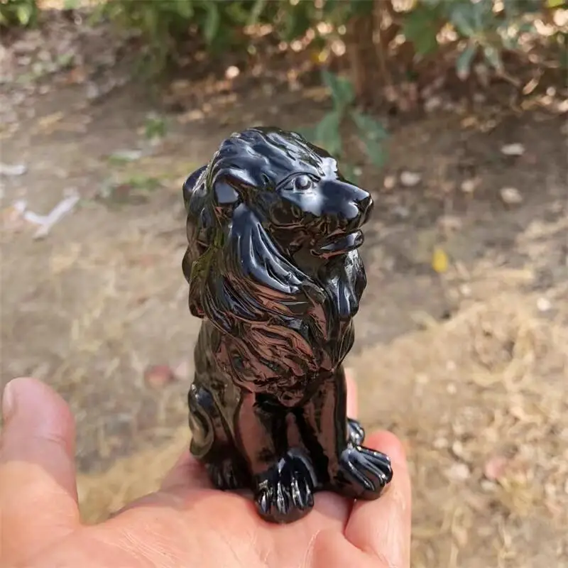 Natural Black Obsidian Lion Carving Polished Animal Powerful Statue For Home Decoration Holiday Gift 1pcs