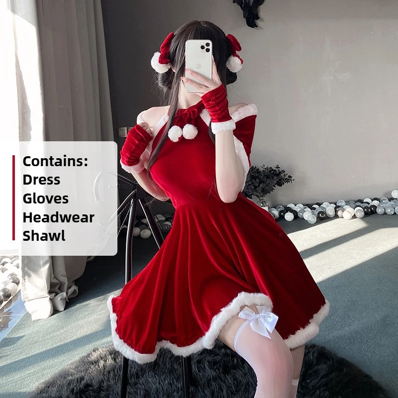 2025 عيد الميلاد النساء فستان عيد الميلاد مثير سيدة سانتا كلوز تأثيري حلي مثير الملابس الداخلية الشتاء فستان أحمر الأرنب تأثيري الفتيات موحدة