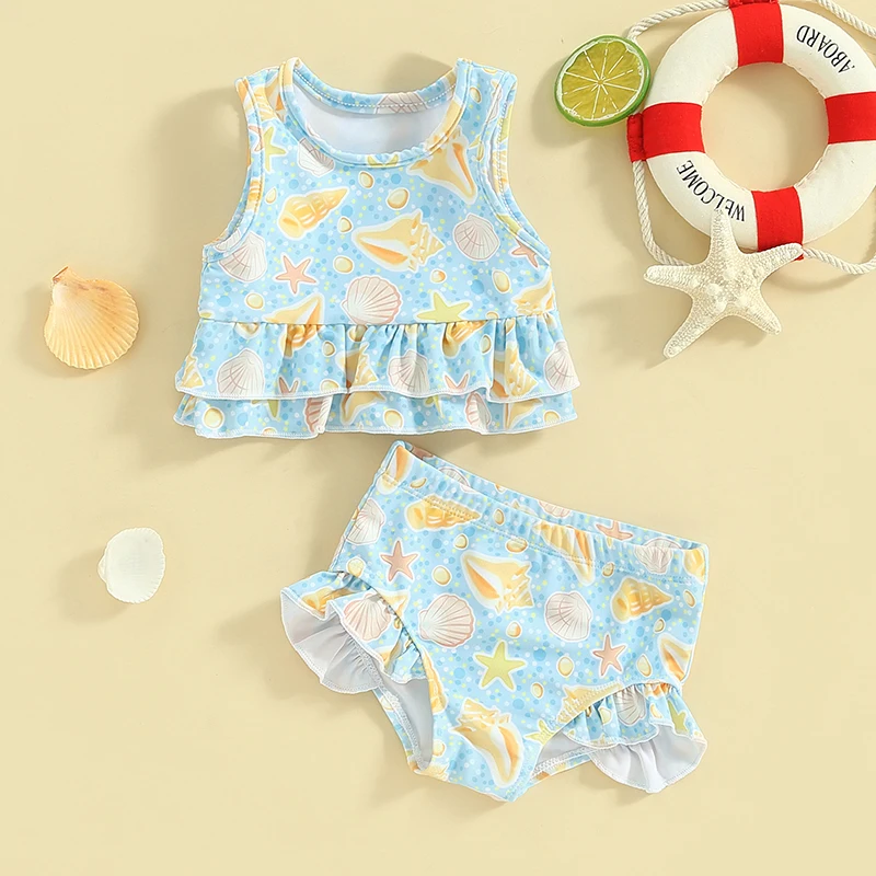 0-3T Toddler Girl's Summer Bikini 2 Pcs Set Starfish Print Sleeveless Round-Neck Ruffled Tank Tops with Shorts Swimsuit