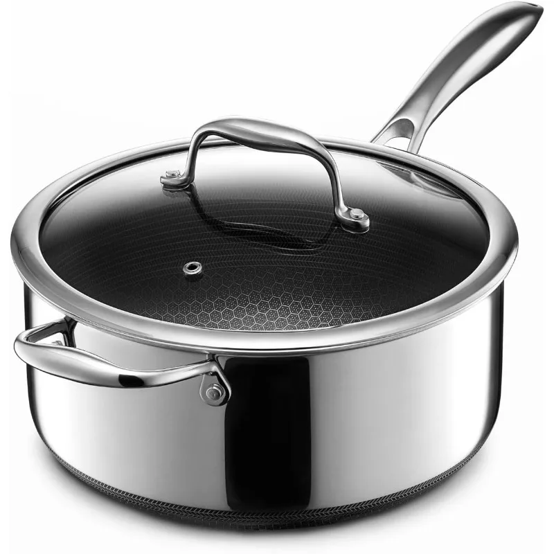 HexClad Hybrid Nonstick 5-Quart Saucepan with Tempered Glass Lid, Stay-Cool Handle, Dishwasher Safe, Induction Ready