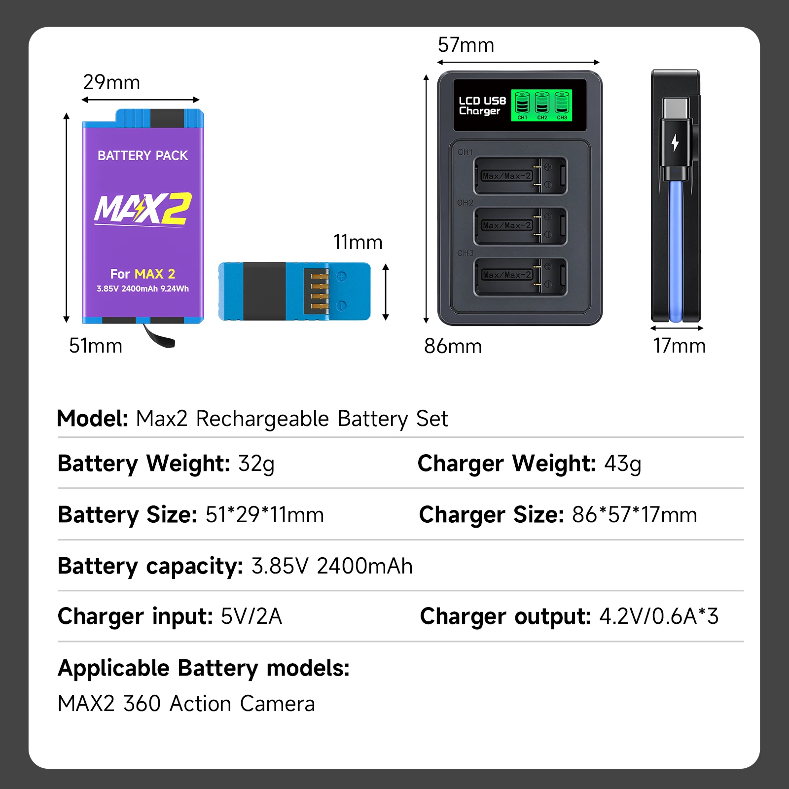2400mAh Rechargeable Li-ion Battery For Go Pro MAX2 Battery+3 Slots LCD USB Charger For Gopro Max 2 Action Camera Accessories