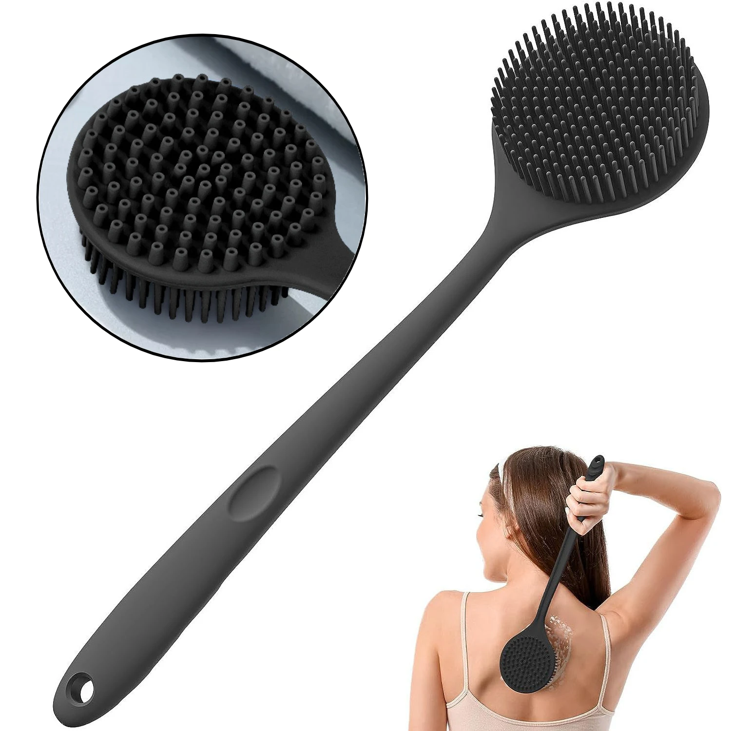 Soft Silicone Bath Brush Double-Sided Shower Scrubbing Brush with Long Handle Exfoliating Body Scrub Back Massager Bathroom Tool