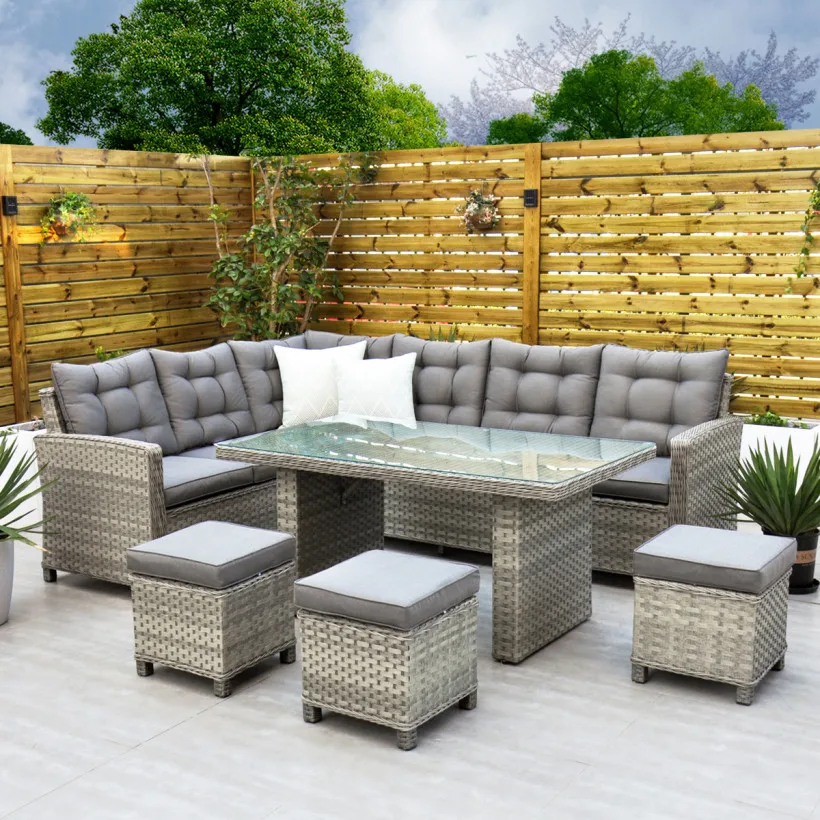 Custom Modern PE Rattan Patio Furniture Set 6-Piece Garden Corner Sofa with Rectangular Table Outdoor Hotel Furniture