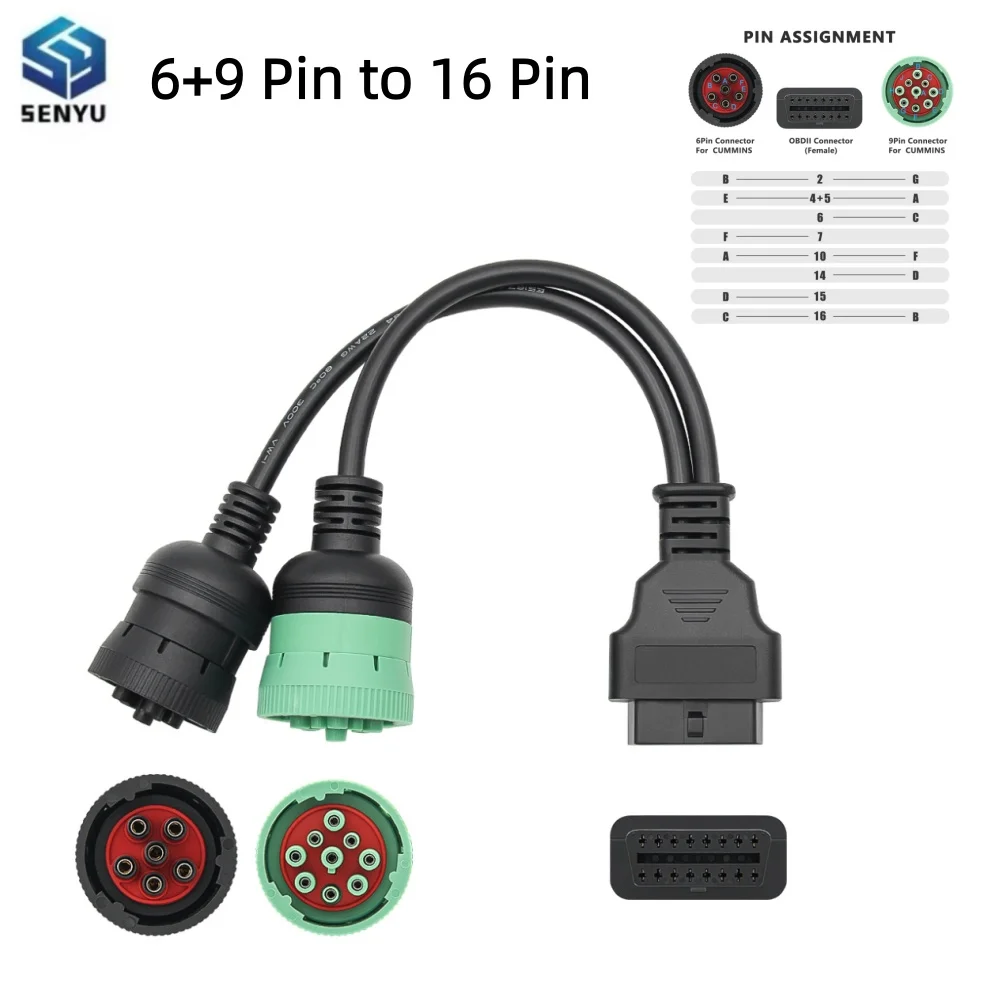 For Cummins Truck 6+9 Pin to 16 Pin OBD2 Truck Diagnostic Tool OBD 2 Y-Cable Adapter SAE J1708 CAN J1939 Connector 6Pin 9Pin