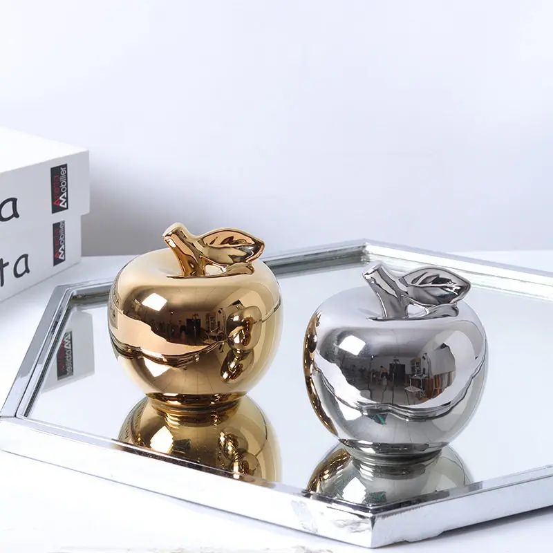 

Nordic Light Luxury Gold Silver Plated Ceramic Apple Figurine Modern Home Decor for Model Room Hotel and Club Decoration