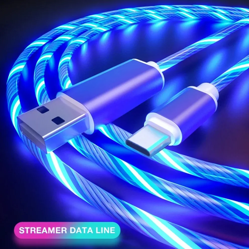 Cabo USB Tipo C Luminoso Flow 3A para Carregamento Rápido e Transferência de Dados para Samsung Xiaomi OPPO Huawei iPhone Cabo Micro USB com LED