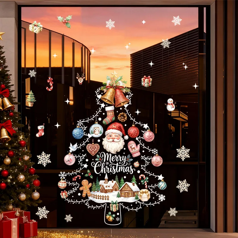 Christmas tree holiday decorations static glass door stickers old man gloves light ball snowflake mall layout