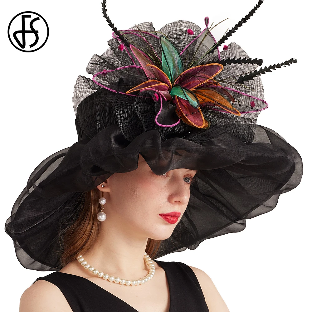 

FS Kentucky Derby Hats With Flower Feather Summer Organza Church Hats For Women Formal Wedding Tea Party Cap Fascinator Fedoras