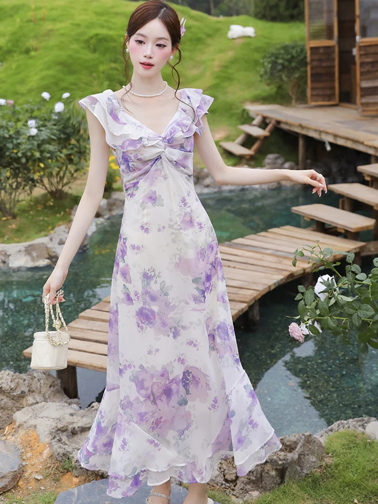 サマーパープルフローラルVネックノースリーブドレス レディース エレガントシック ラッフルビーチドレス 2025 韓国ファッション ボディコン ラグジュアリー ワンピース