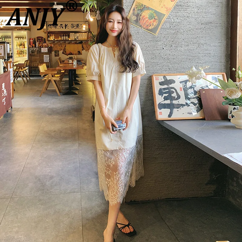 

ANJY Spring Summer New Women French Style Stylish Lace Spliced Design Pullover Dress Elegant Fashion Short Sleeve Dresses A21379