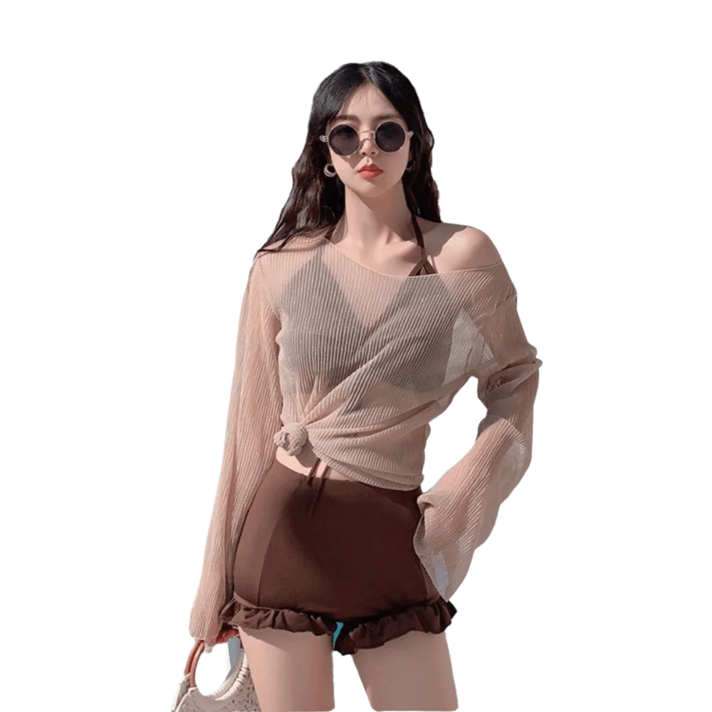 

Пляжная одежда: комплект бикини с рюшами, прозрачный пуловер, купальник с длинными рукавами на шнуровке, облегающий купальник с защитой от солнца для женщин