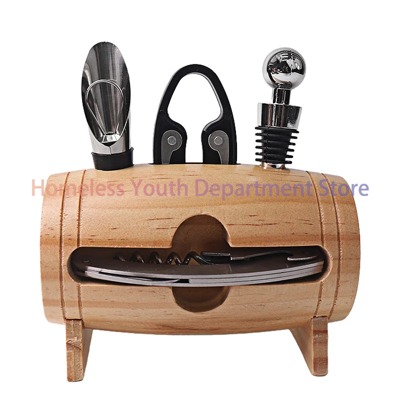 

4-Piece Set Of Wooden Wine Barrel Shaped Ornament For Household Manual Red Wine Bottle Opener Set