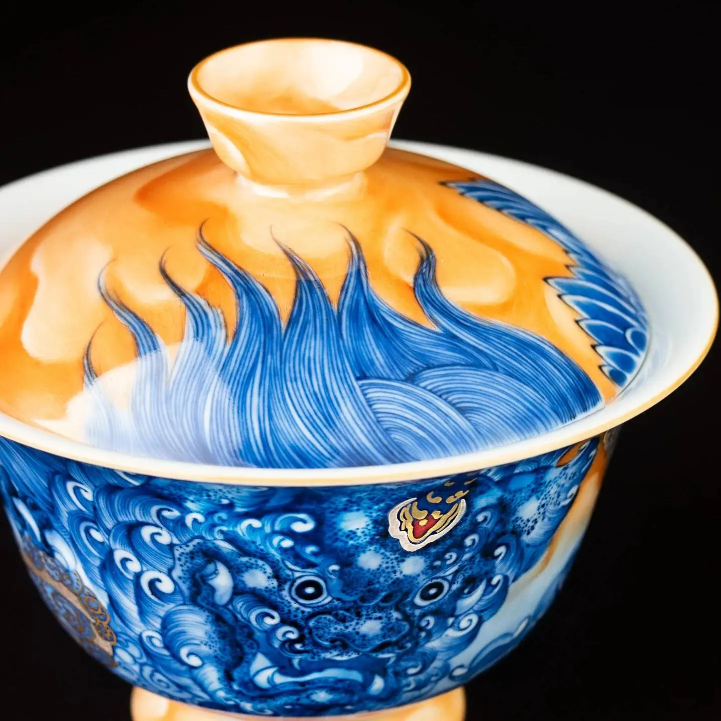 Xunzhen Tang Chen Tong's Work/Jingdezhen Blue White Porcelain Alum Red Gold-Painted Pixiu King Treasure Bowl Tea Set With Lid