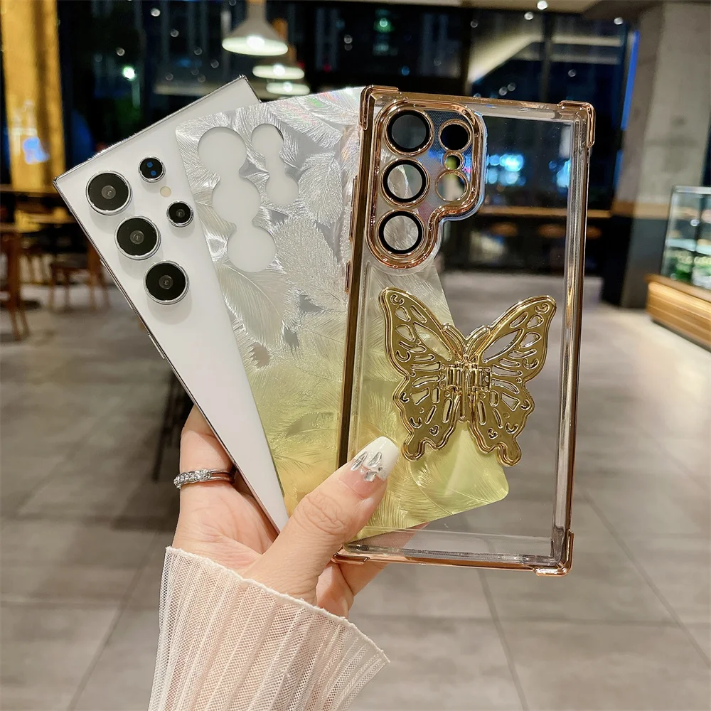 Feather Butterfly Bracket Stand S24Ultra Case Plating Shockproof for Samsung Galaxy Note 20 S23 S22 S24 Plus Ultra S23 FE Cover