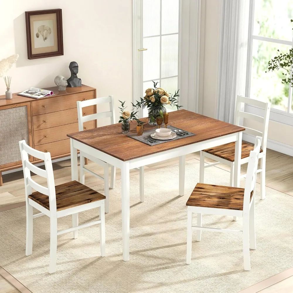 Dining Table Set for 4,Solid Wood, Farmhouse Dinette Set w/Rubber Wood Legs, Modern Dining Table and Chairs Sets for Kitchen