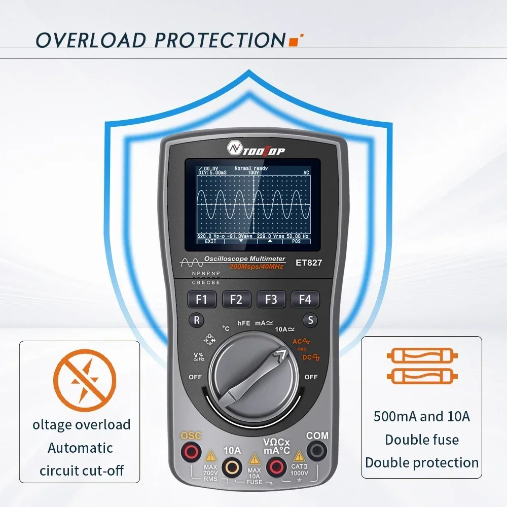 TOOLTOP ET827 40MHz  Digital Oscilloscope Multimeter 2in1 200Msps/S Sampling Rate T-RMS Multimeter Electronic Measurement Tools