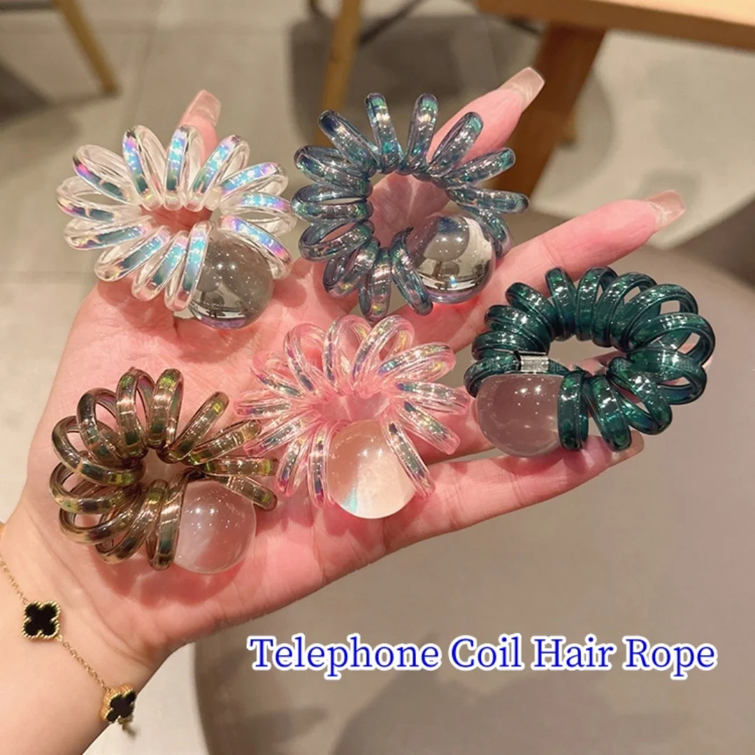 Girls Crystal Ball Hair Accessories Telephone Wire Elastic Hair Rubber Bands Transparent Spiral Hair Ties Rings Gum for Women