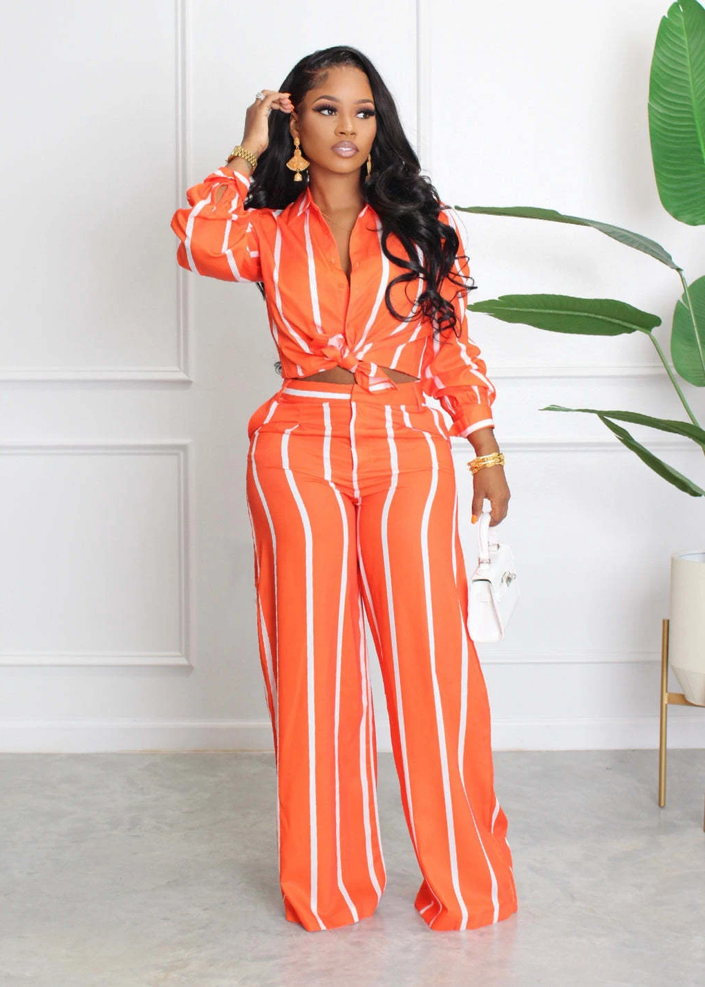 Hot Sale Of The Season Southeast Asian Women's Printed Stripe Long Sleeve Loose Straight Tube Shirt Set Two-Piece Set Cotton Pol