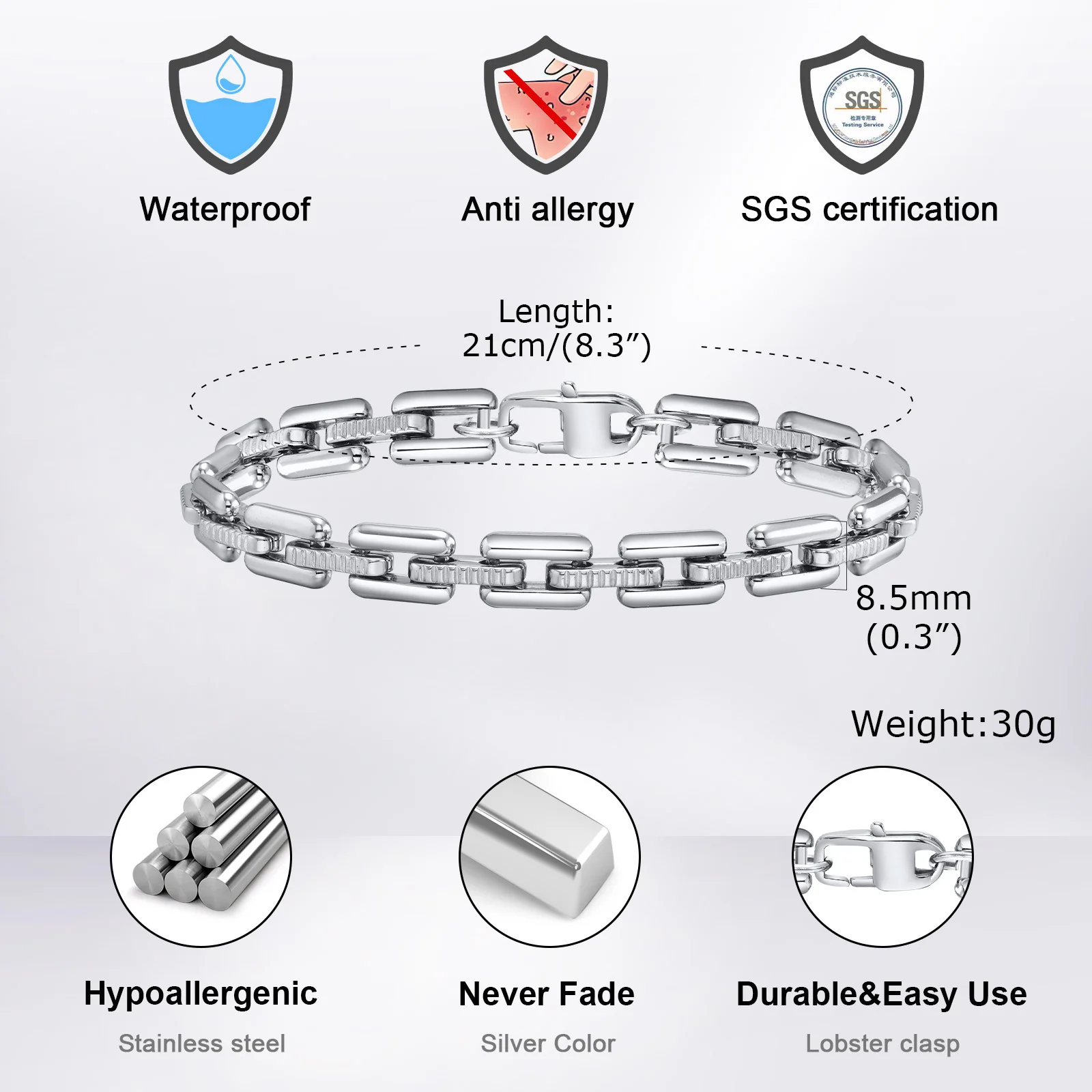 Vnox Never Fade Heavy Handmade Link Chain Bracelets for Men, Silver Color Stainless Steel Rectangle Chain Punk Rock Wristband