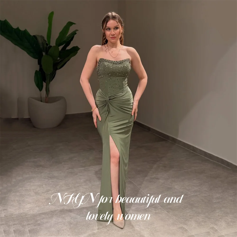 

NFYN Olive Green Party Dress Strapless Mermaid Night Dresses Beaded Bodice Celebrity Dress for Woman with High Slit Customized