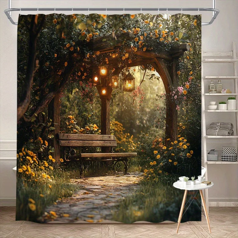 enchanted garden arch shower curtain with wooden bench lanterns and blooming flowers for romantic Free Hooks Included QuickSetup