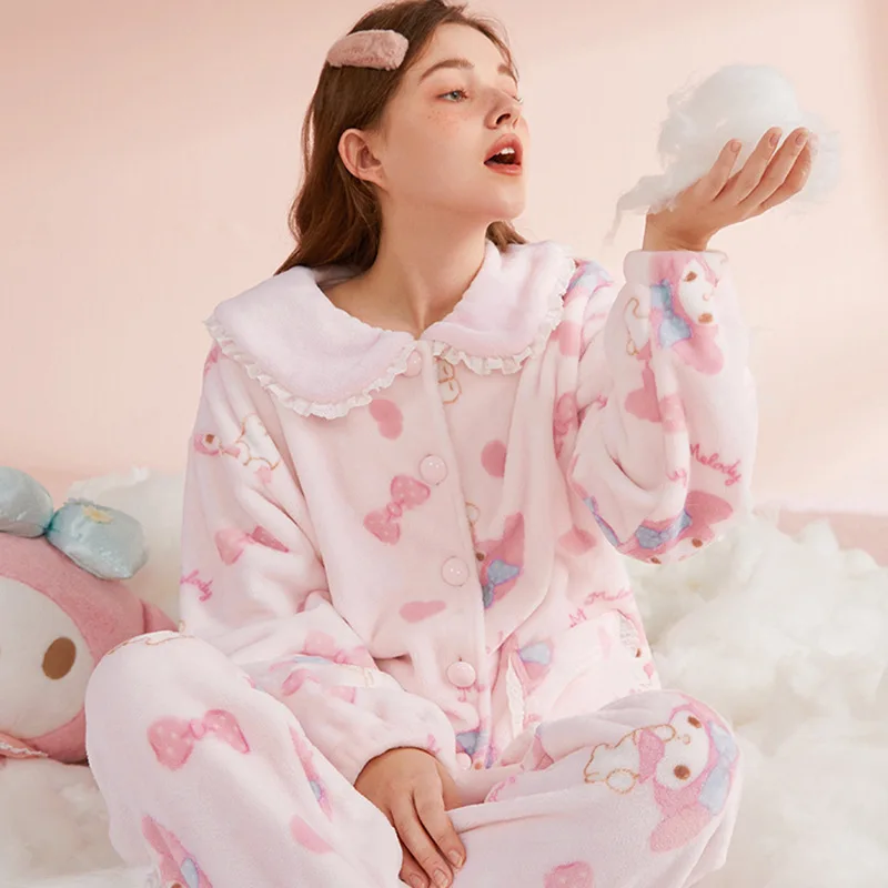 Sanrio My Melody Series Autumn Winter Students Dormitory Warm Coral Fleece Pajama Sets Girls Causal Cute Thick Pajamas Home Wear