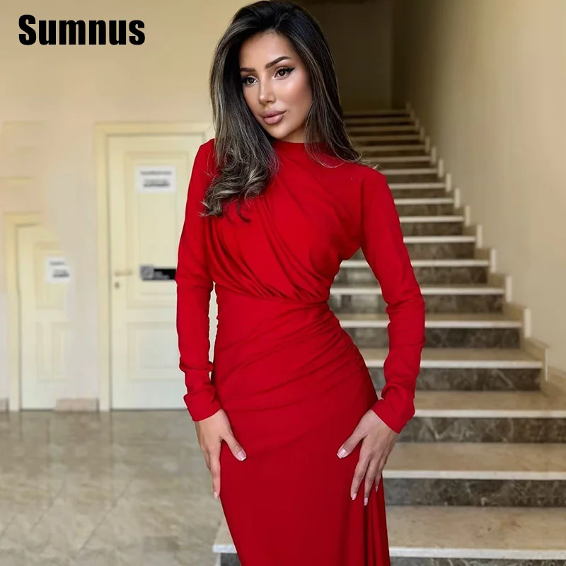 

SUMNUS Red Mermaid Prom Dress Elegant Ruched Ruffle Celebrity Evening Dresses Ankle -Length Formal Gowns