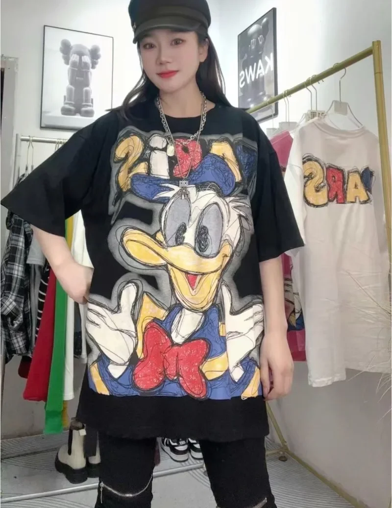 

Oversized Pure Cotton Loose Casual Tops Summer New Graffiti Donald Duck Letter Versatile Loose Short Sleeved Graphic T Shirts