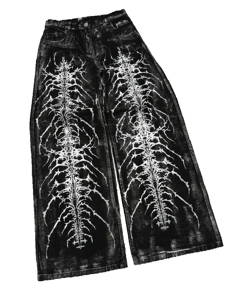 جينز عصري برسومات قوطية داكنة لعام 2025 للرجال الهيب هوب ملابس خروج فضفاضة غير رسمية عالية الخصر سراويل مستقيمة للنساء #2